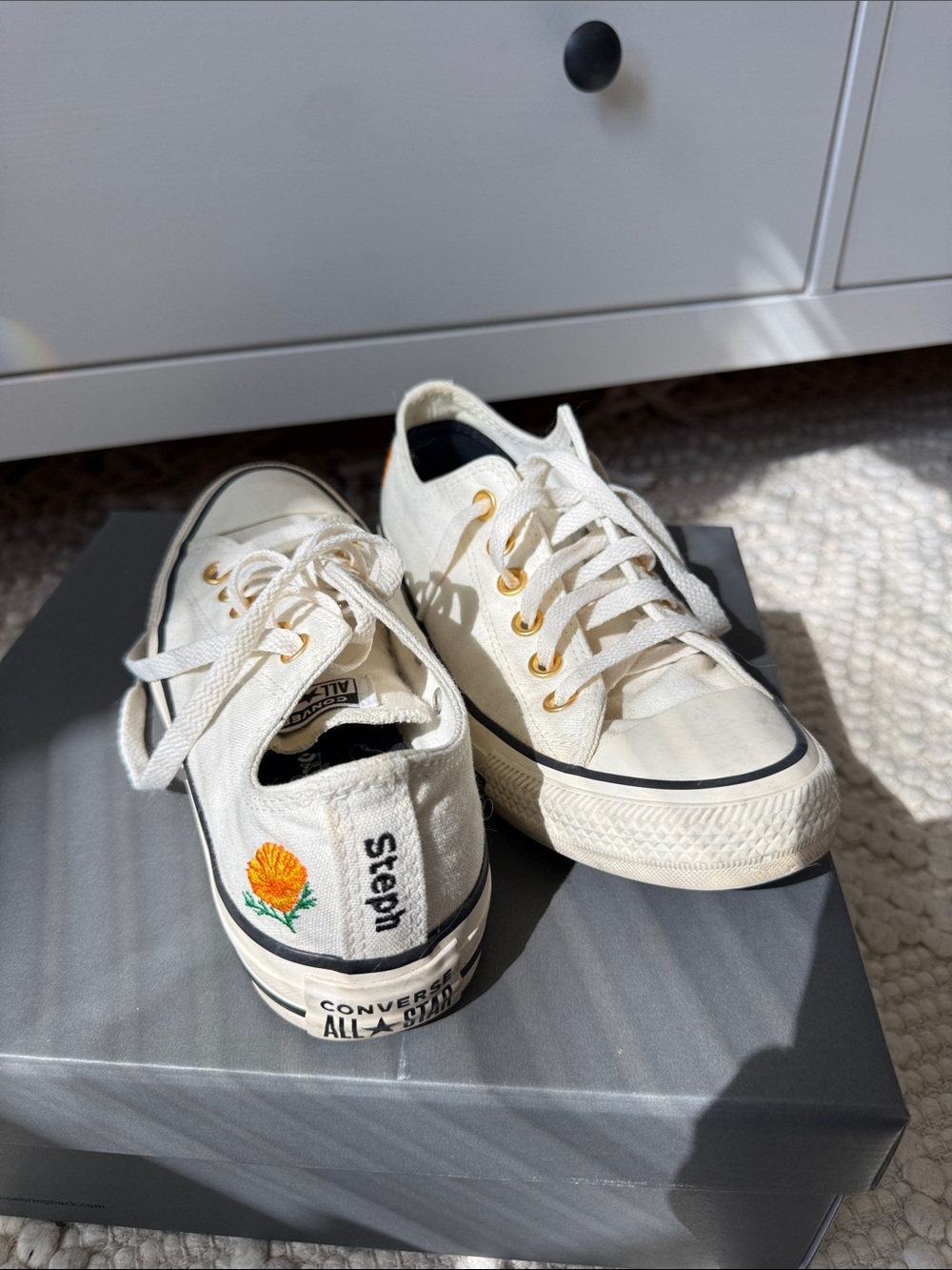 Custom MadeConverse White Canvas Low-Top Sneakers with Flower and “Steph”